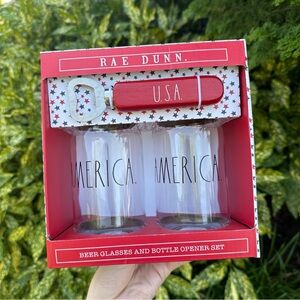 NEW Rae Dunn Patriotic USA America Beer Glasses with Bottle Opener Set NIB